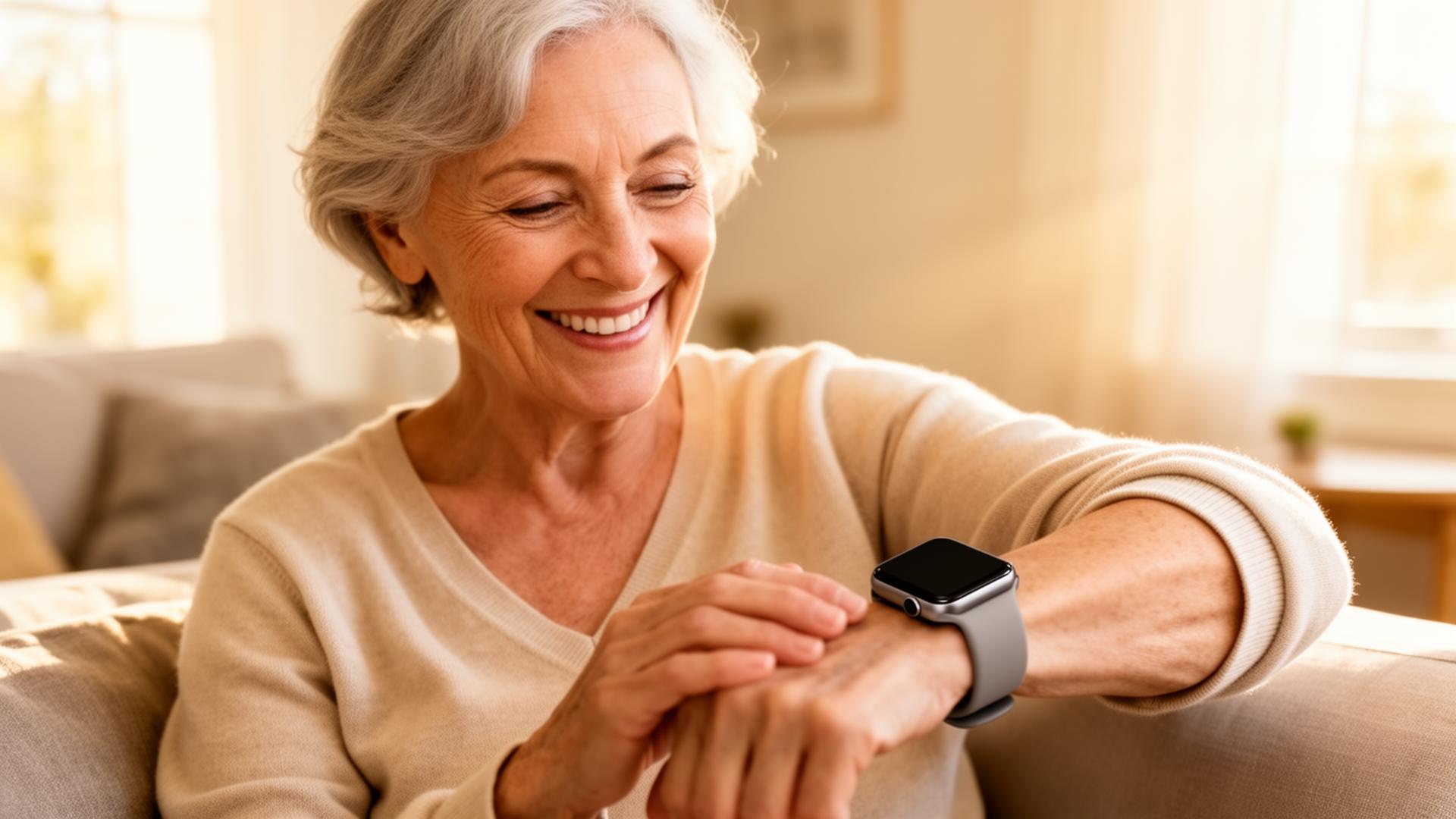 Ältere Frau mit der SeniorCare Smartwatch am Handgelenk
